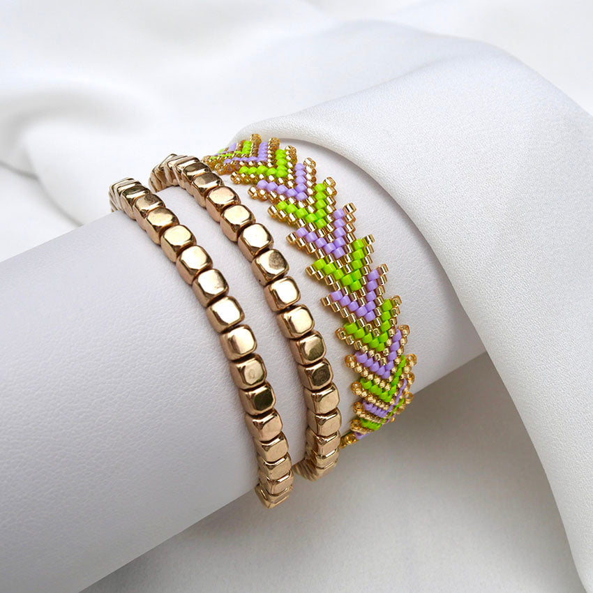 Miami Spring gold bracelet set lime green lilac chevron