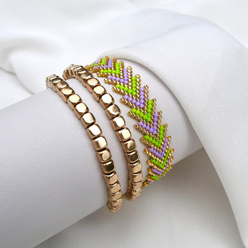 Miami Spring gold bracelet set lime green lilac chevron