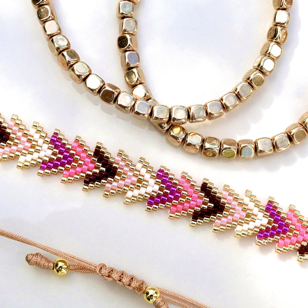 Pink Aura set - two gold bracelets and one colorful chevron