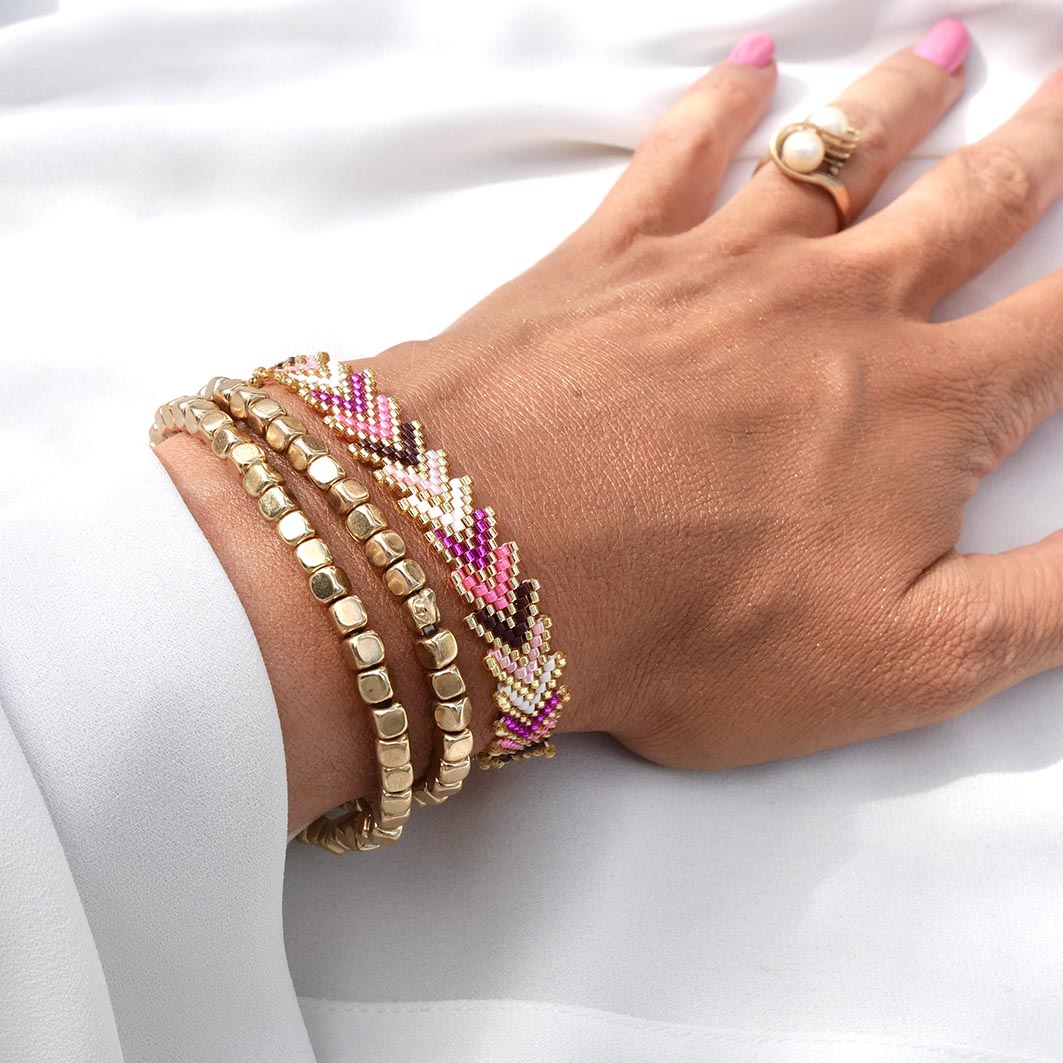 Pink Aura trio of bracelets in golden hematite and pink chevron